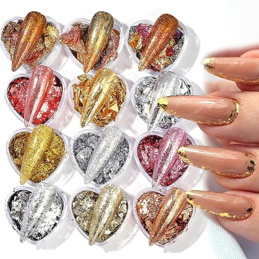 Unique Gold Flakes for Nails 12 Boxes Irregular Aluminum Golden Nail Glitter Foils Holographic Gold Foils for Nails Gradient Silver Rose-Gold Nail Art Sequins Designs DIY Charms Manicure Decorations