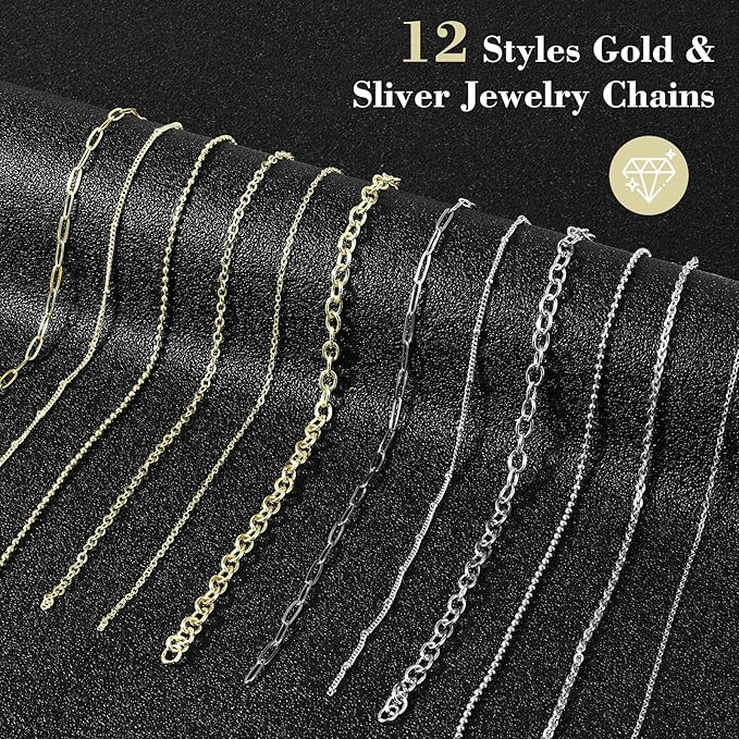 Zplontya 18K Necklace Chains for Jewelry Making Kit 381PCS Include 50Ft 12 Rolls Gold/Silver Jewelry Chains and Charms,Jump Rings,Pliers&Accessories for DIY Necklace Bracelet Keychain Crafting Gifts