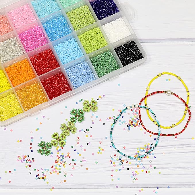 Glass Seed Beads Assorted Kit - Size 12/0 (2mm Tiny), 24 Multicolor Options (24,000pcs Total) with Organizer Box for Adult DIY Jewelry Making