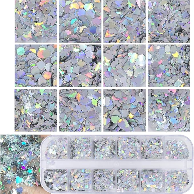 AddFavor 4 Boxes Holographic Nail Sequins Shapes Mixed Iridescent Nail Glitter Flakes Butterfly Hearts Star DIY Design Manicure Decorations Sets for Nail Art/Craft/Makeup
