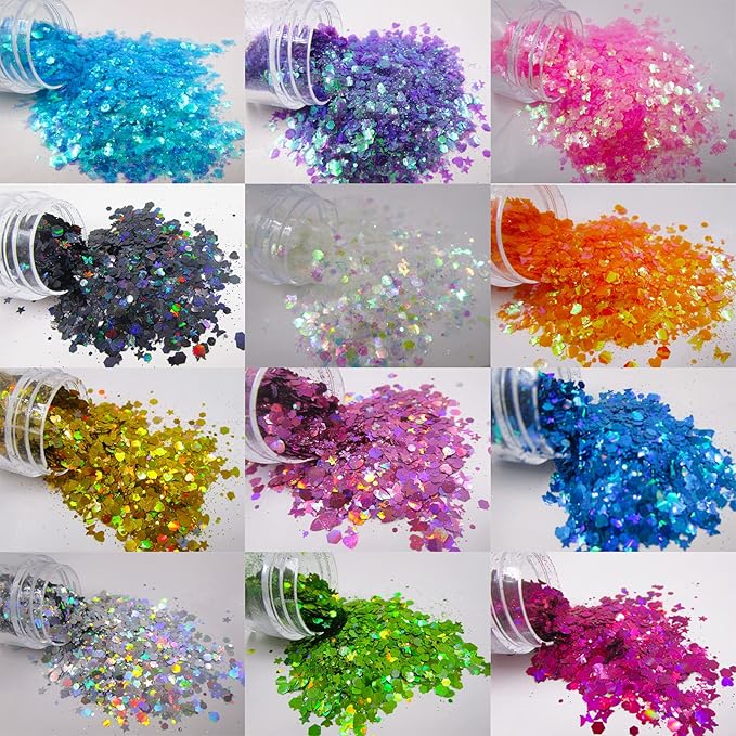 12 Colors Butterfly Star Chunky Glitter Flakes Holographic Heart Hexagon Shapes Crafts Body Glitter Sparkles Nail Sequins Stickers Accessories for Nail Arts, Resin Epoxy, Paints, Makeup
