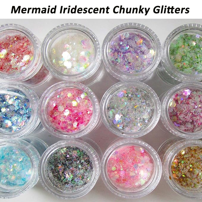 12 Mixed Colors Iridesent Chunky Glitter Flakes Mylar Hexagon Fine Powder Pigment Opal Glitter Sparkles Crafts Sequins Resin Epoxy Accessories Women Girls Makeup Body Nail Art Decorations