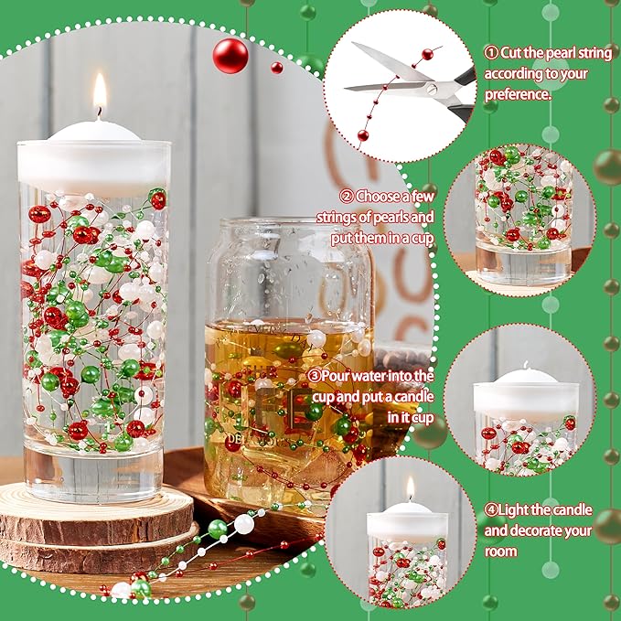 LAIDANLA 30 Pcs Christmas Artificial Floating Pearls String for Floating Candle Red Green White Faux Pearl Beads Strands for Vases Filler Centerpiece Table Wedding Party Home Decor