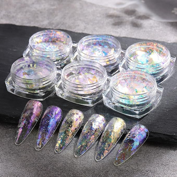 Holographic Opal Nail Art Glitter Flakes, 6 Colors Aurora Iridescent Pigment Powder Irregular Ice Crystal Mermaid Paillettes Sparkly Chunky Glitter Sequins for DIY Manicure Nail Decorations