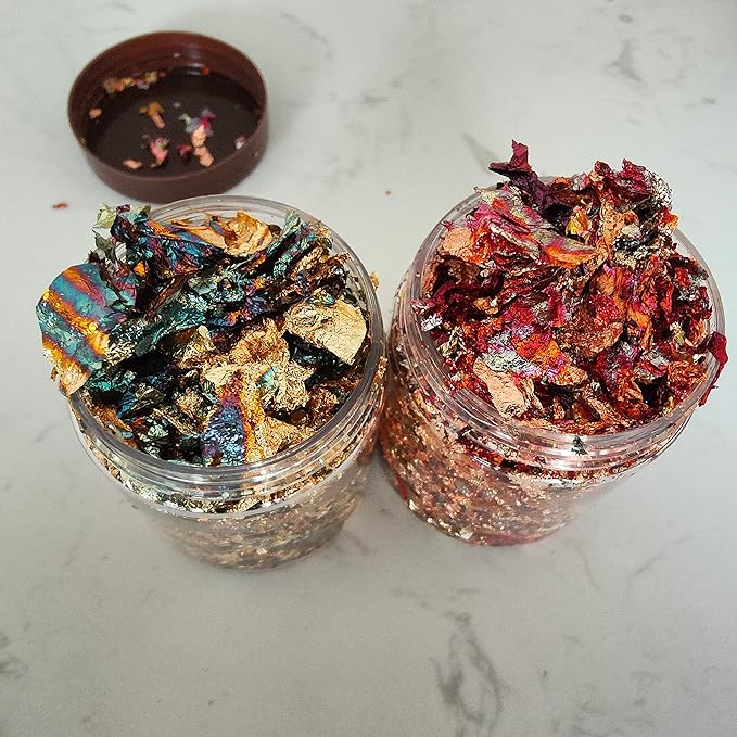 JINRUISI Gilding Flakes Variegated Gold Foils Leaf Flakes Gilding Craft Paper Decoration Art Supplies (Gold Green and Autumn Leaves)