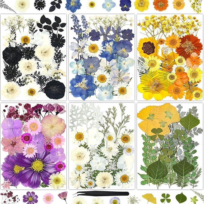 150Pcs Pressed Flowers for Crafts, Colorful Dried Flowers for Crafts Real Natural Dried Pressed Flowers Dry Leaves Bulk for Resin, DIY Art, Scrapbook, Jewelry, Card, Candle & Soap Making with Tweezers