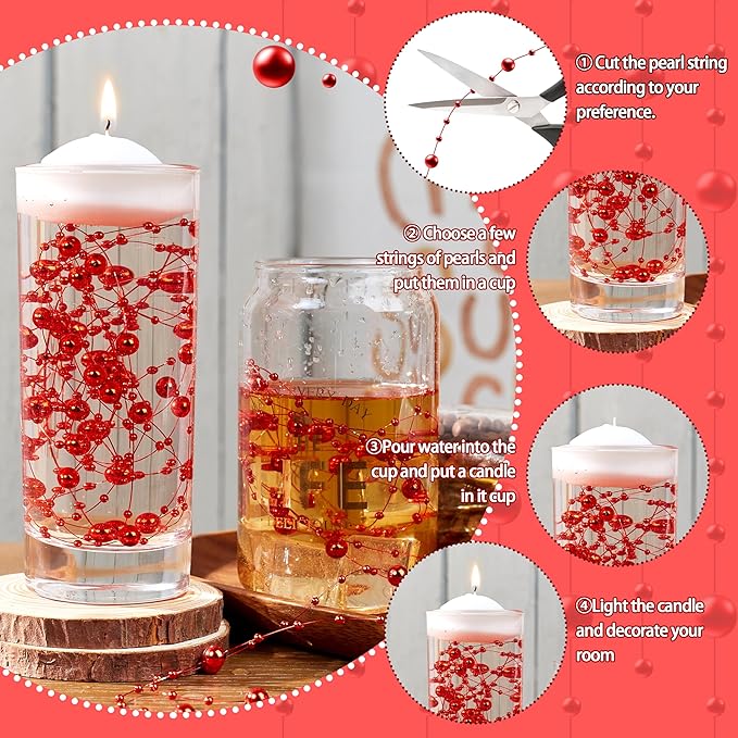 LAIDANLA 30 Pcs Red Artificial Floating Pearls for Vases Faux Pearl Beads String for Garland Vase Filler Floating Candle Wedding Holiday Valentine's Day Party Table Centerpiece Vases Decor