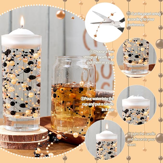 LAIDANLA 30 Pcs Orange and Black Artificial Floating Pearls for Vases Faux Pearl Beads String for Vase Filler Floating Candle Wedding Birthday Party Garland Table Centerpiece Vases Decor