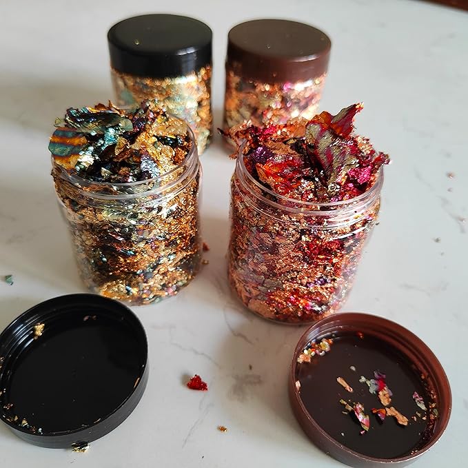 JINRUISI Gilding Flakes Variegated Gold Foils Leaf Flakes Gilding Craft Paper Decoration Art Supplies (Gold Green and Autumn Leaves)