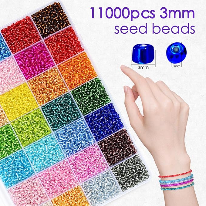 Vtssvow 3mm Glass Seed Beads for Bracelets Making, 28 Colors 11000pcs Friendship Bracelet Making Kit, Small Glass Beads for Jewelry Making (Mix 28 Color, Silver Lined)