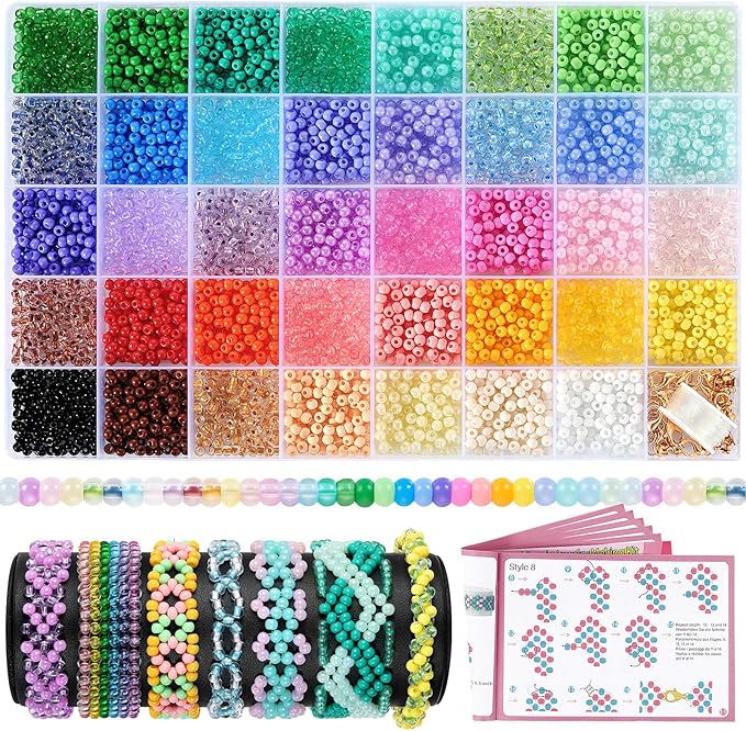 Funtopia Seed Beads for Bracelets, 4mm Uniform Glass Seed Beads for Jewelry Making, 39 Colors 3900pcs Small Tiny Bead Bracelet Making Kit with Tutorial for DIY Art Jewelry Making