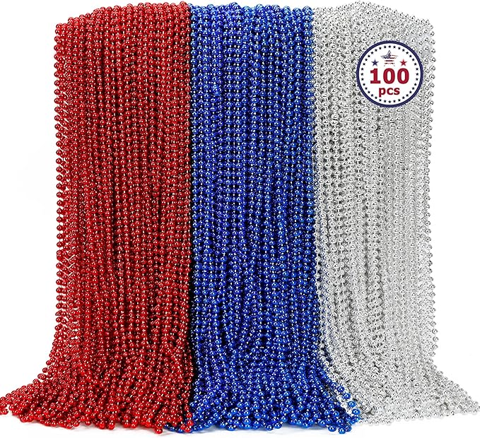 100PCS 4th of July Accessories, Veterans Day Beads Necklace Bulk, Fourth of July Red Blue Silver Necklace Party Favors, Beads for Veterans Day Patriotic Parade Party Celebration Favors Decorations