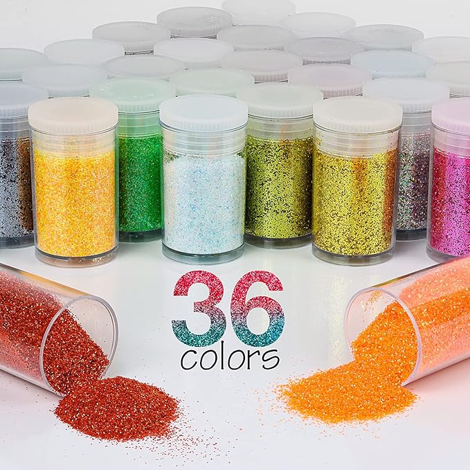 Extra Fine Glitter, Set of 36 Colors Holographic Cosmetic Glitter, Body Nail Arts Face Hair Eye Lip Gloss Makeup, Slime, Tumbler and Epoxy Resin Crafts Loose Powder Shaker