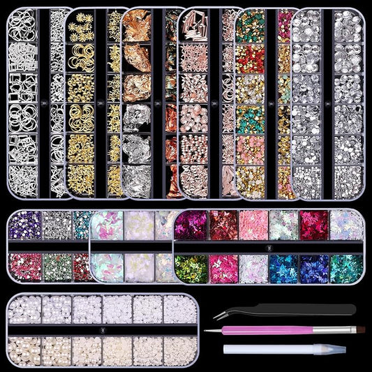 10 Boxes Nail Art Kit, Colorful Glass Nail Rhinestones, 2-6mm White Flatback Pearls, 3D Gold Studs Holographic Foil Flakes and Iridescent Glitter Sequins with Tweezers Brush