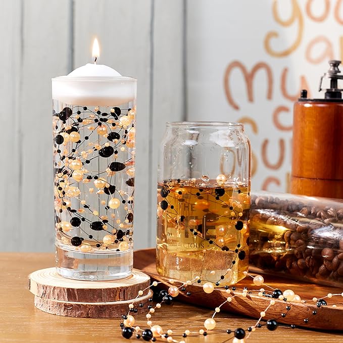 LAIDANLA 30 Pcs Orange and Black Artificial Floating Pearls for Vases Faux Pearl Beads String for Vase Filler Floating Candle Wedding Birthday Party Garland Table Centerpiece Vases Decor