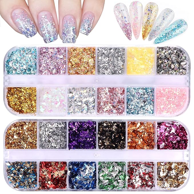 EBANKU 24 Grid Holographic Nail Art Flakes, Foil Glitter Sequins Confetti Gold Silver Irregular Mirror Effect Acrylic Powders Paillette for Nail Decoration