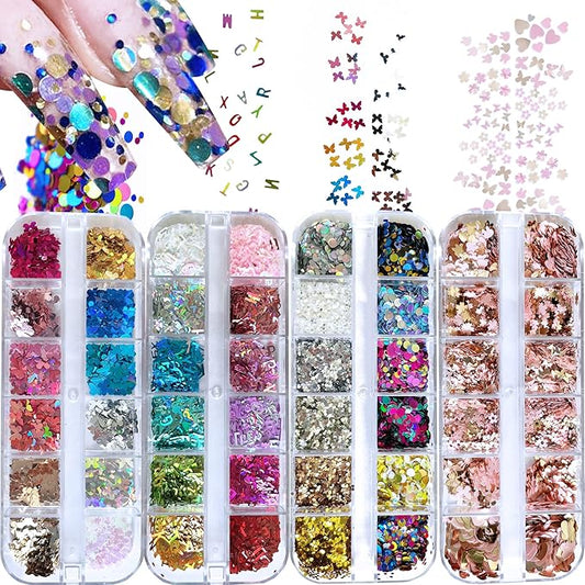 AddFavor 4 Boxes Nail Glitter Sequins Kit Mixed Shape Holographic Butterfly Flower Round Heart Nail Art Flakes for Women Body/Face/Hair/Acrylic Nails Decoration Designs Accessories