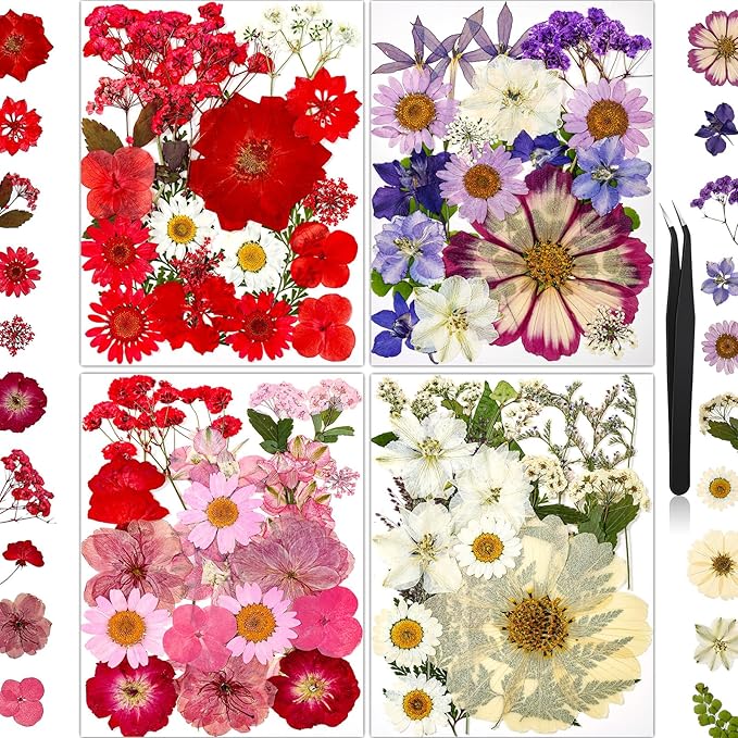 85Pcs Pressed Flowers for Crafts, Real Dried Flowers for Crafts Dried Pressed Flowers Dry Leaves in Red, White, Pink & Purple for Resin, DIY Art, Scrapbook, Jewelry, Candle & Soap Making with Tweezer