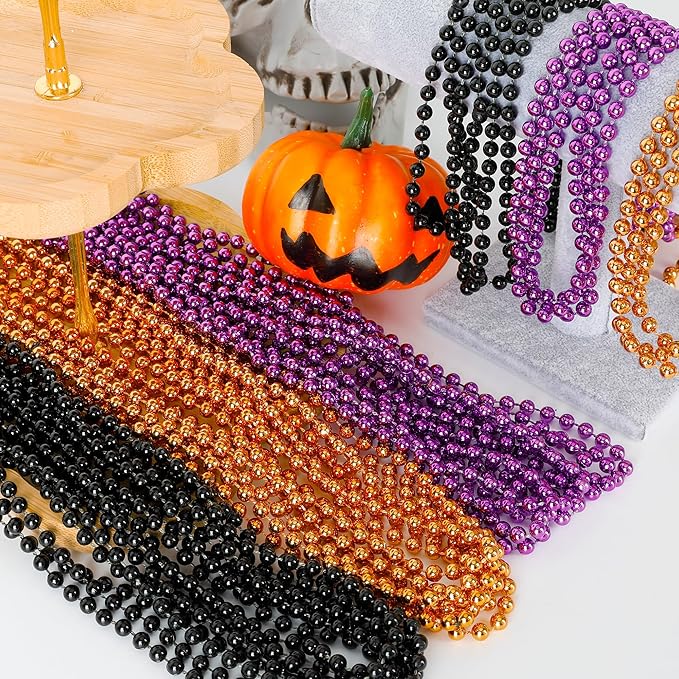 100PCS Halloween Beads, Purple Black Orange Bead Party Favors, 33" Halloween Toy Necklaces Accessories, Festival Parade Throw Accessories for Trick or Treat Decorations