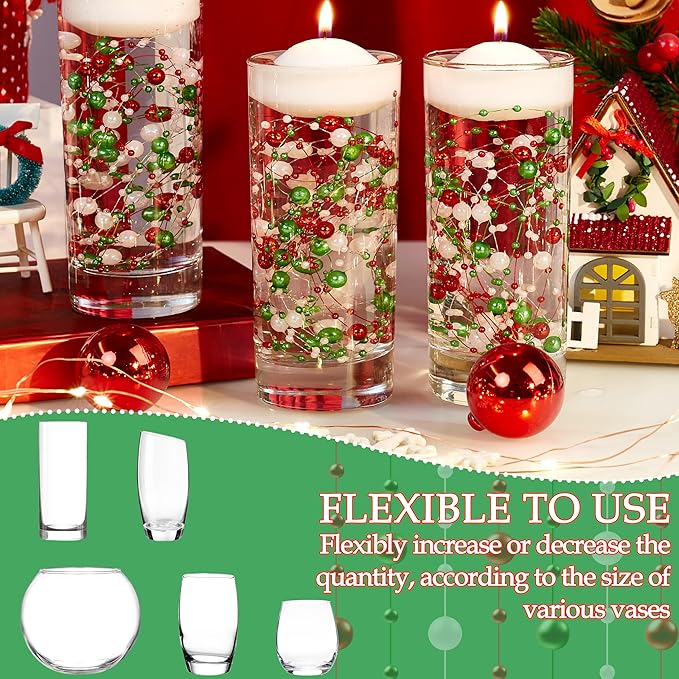 LAIDANLA 30 Pcs Christmas Artificial Floating Pearls String for Floating Candle Red Green White Faux Pearl Beads Strands for Vases Filler Centerpiece Table Wedding Party Home Decor