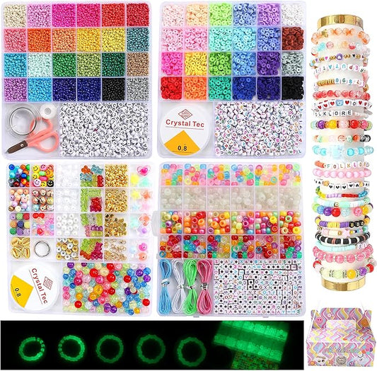 nikkiGuo 6380 PCS Jewelry Making Kit – 24 Colors Seed Beads, 24 Colors Clay, UV Color Changing & Glow Pony, Letter, Mixed Charms, Tools,Gift Box for DIY Bracelets