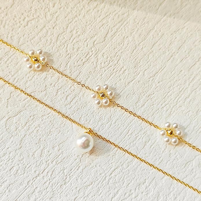 Pearl Necklaces for Women 14K Gold Plated Dainty Layered Single Pearl Necklace Simple Daisy Pearls Choker Cute Gold Necklace Stack Jewelry Sets for Women Trendy Gifts