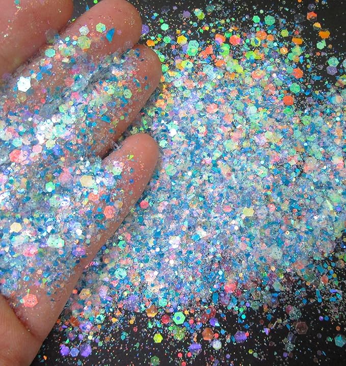 12 Mixed Colors Iridesent Chunky Glitter Flakes Mylar Hexagon Fine Powder Pigment Opal Glitter Sparkles Crafts Sequins Resin Epoxy Accessories Women Girls Makeup Body Nail Art Decorations