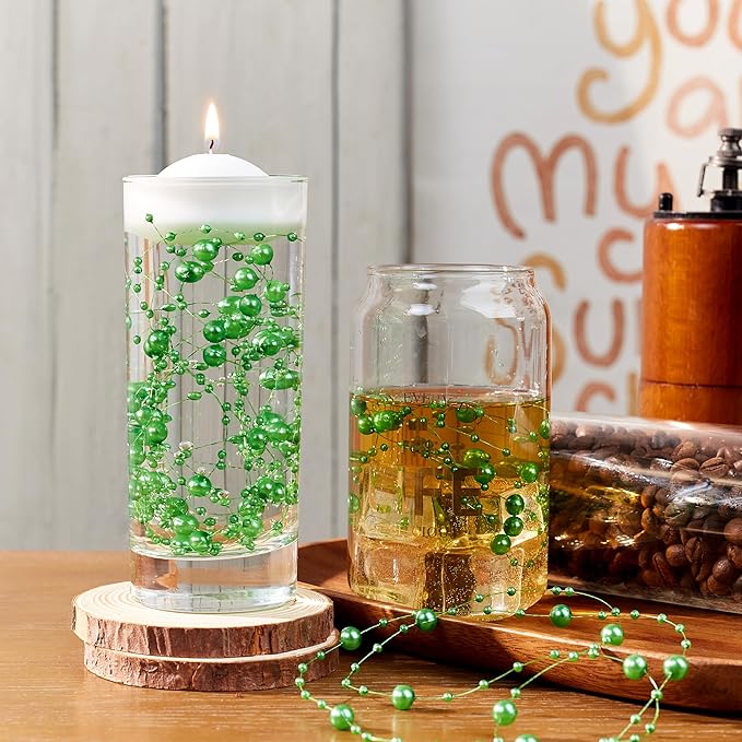LAIDANLA 30 Pcs Green Artificial Floating Pearls for Vases Faux Pearl Beads String for Garland Vase Filler Floating Candle Wedding Holiday St. Patrick's Party Table Centerpiece Vases Decor