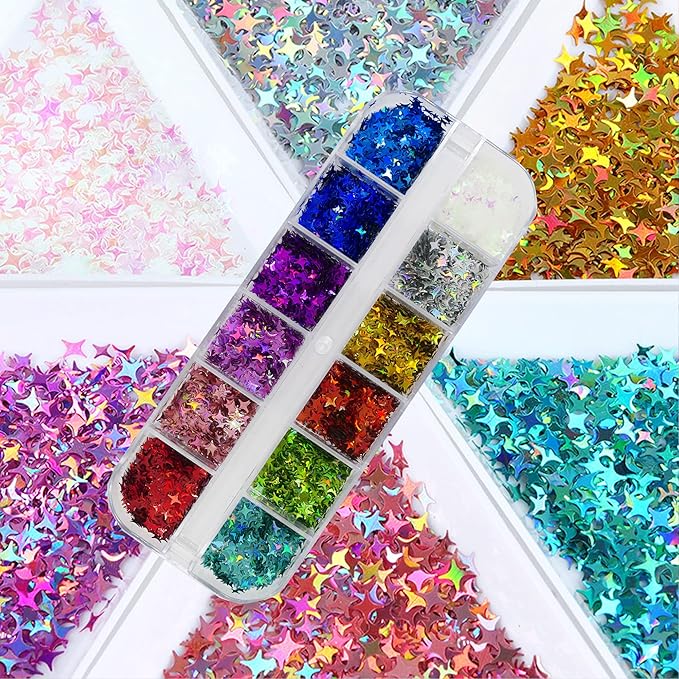 AddFavor 4 Boxes Nail Glitter Mixed Shaped Holographic Heart Star Nail Sequins Flakes Lash Decals for Nail Art Decoration/False Eyelash Decor