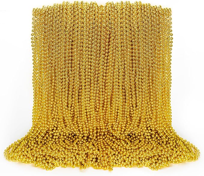 100PCS Bead Necklace, Gold Mardi Gras Beads Party Stuff, 33" Mardi Gras Christmas Beads Toy Costume, Festival Parade Throw Accessories for Wedding Birthday Pirate Party Baby Shower Supplies Decor