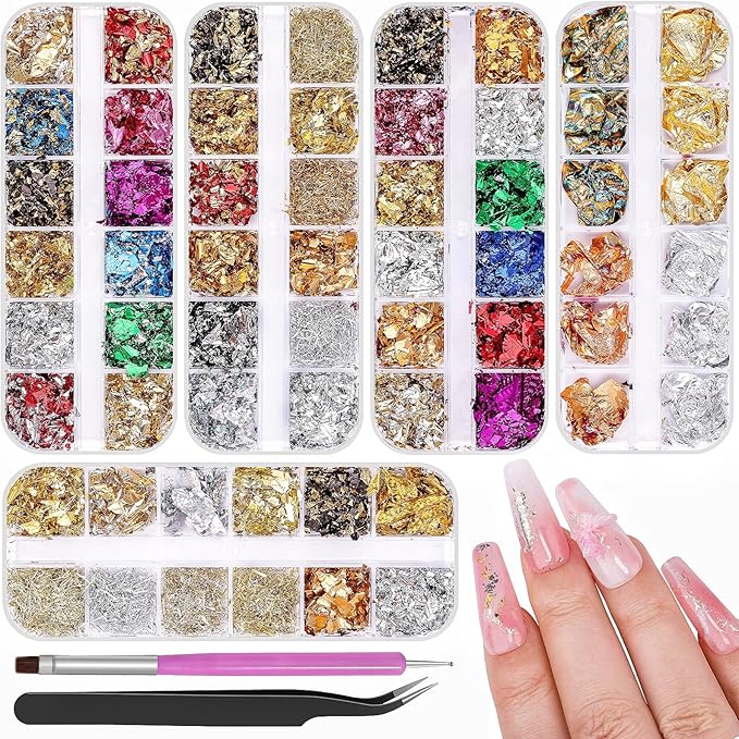 5 Boxes 60 Colors Holographic Nail Glitter Gold Foils Kit, Nail Foil Flakes Laser, 3D Irregular Thin Foil Nail Art Flakes Design Nail Sequins Supplies for Manicure Body Makeup Craft DIY
