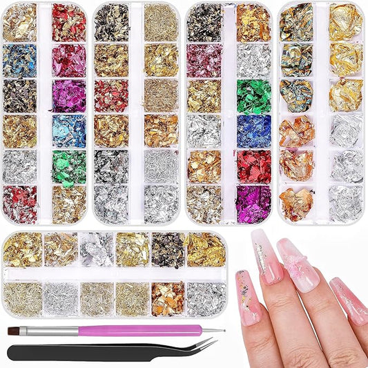 5 Boxes 60 Colors Holographic Nail Glitter Gold Foils Kit, Nail Foil Flakes Laser, 3D Irregular Thin Foil Nail Art Flakes Design Nail Sequins Supplies for Manicure Body Makeup Craft DIY