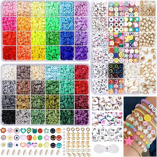 Greentime 4550 Pcs Clay Beads for Bracelet Making, 48 Colors Flat Round PolymerBeads Spacer Heishi Beads with Letter Beads and Various Pendant Charms Kits for DIY Crafts