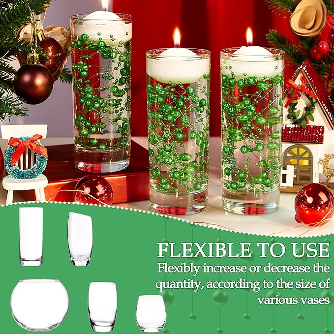 LAIDANLA 30 Pcs Green Artificial Floating Pearls for Vases Faux Pearl Beads String for Garland Vase Filler Floating Candle Wedding Holiday St. Patrick's Party Table Centerpiece Vases Decor