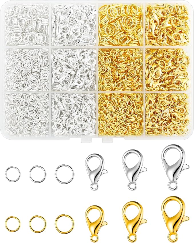 1800PCS FIVEIZERO Lobster Claw Clasps and Jump Rings Set - Gold and Silver Jewelry Clasps for Necklace, Bracelet, Keychains, and DIY Jewelry Making Supplies