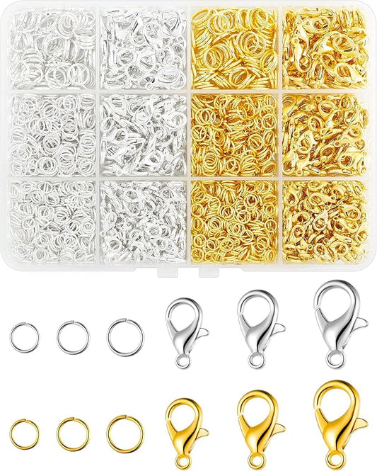 1800PCS FIVEIZERO Lobster Claw Clasps and Jump Rings Set - Gold and Silver Jewelry Clasps for Necklace, Bracelet, Keychains, and DIY Jewelry Making Supplies