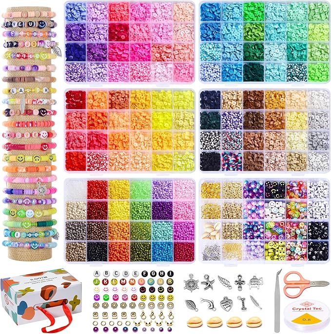 Ilootm Friendship Bracelet Kit, 16800pcs, 96 Colors Polymer Clay Beads & 24 Colors Glass Seed Beads, 400 Letters Beads，Bracelet Making Kit for DIY Jewelry Making&Friendship Bracelet Making