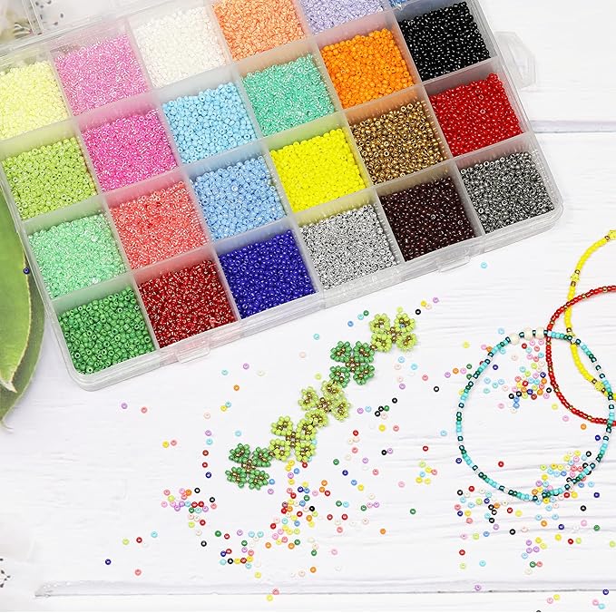 Size 12/0 Crafts Glass Seed Beads 2mm Tiny Pony Beads Assorted Kit with Organizer Box for Jewelry Making (24 Assorted Multicolor Set, Total About 24000pcs)