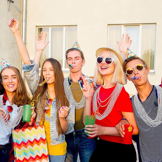 100PCS Bead Necklace, Silver Mardi Gras Beads Stuff Party Favors, Christmas 33" Toy Necklaces Costume, Festival Parade Throw Accessories for Wedding Birthday Celebrations Decoration