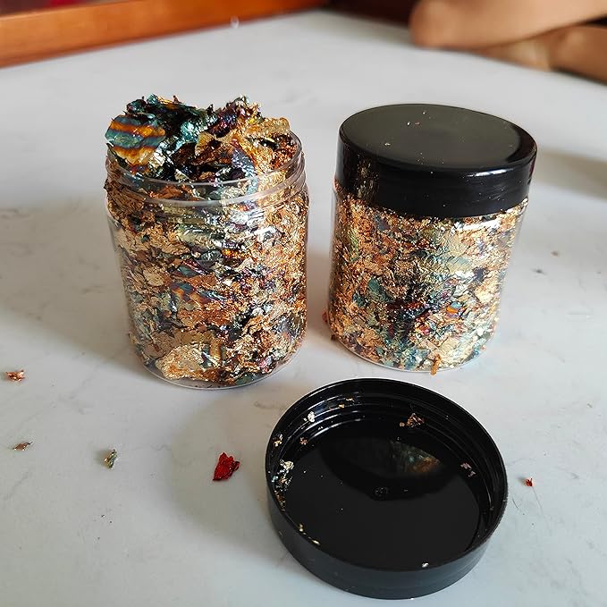 JINRUISI Gilding Flakes Variegated Gold Foils Leaf Flakes Gilding Craft Paper Decoration Art Supplies (Gold Green)