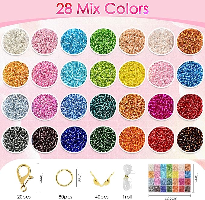Vtssvow 3mm Glass Seed Beads for Bracelets Making, 28 Colors 11000pcs Friendship Bracelet Making Kit, Small Glass Beads for Jewelry Making (Mix 28 Color, Silver Lined)