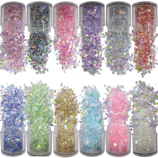 12 Mixed Colors Iridesent Chunky Glitter Flakes Mylar Hexagon Fine Powder Pigment Opal Glitter Sparkles Crafts Sequins Resin Epoxy Accessories Women Girls Makeup Body Nail Art Decorations