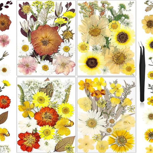 85Pcs Boho Dried Flowers for Crafts, Real Natural Pressed Flowers for Crafts Vintage Dried Pressed Flowers Dry Leaves for Resin, DIY Art, Scrapbook, Jewelry, Candle & Soap Making – Tweezers Included
