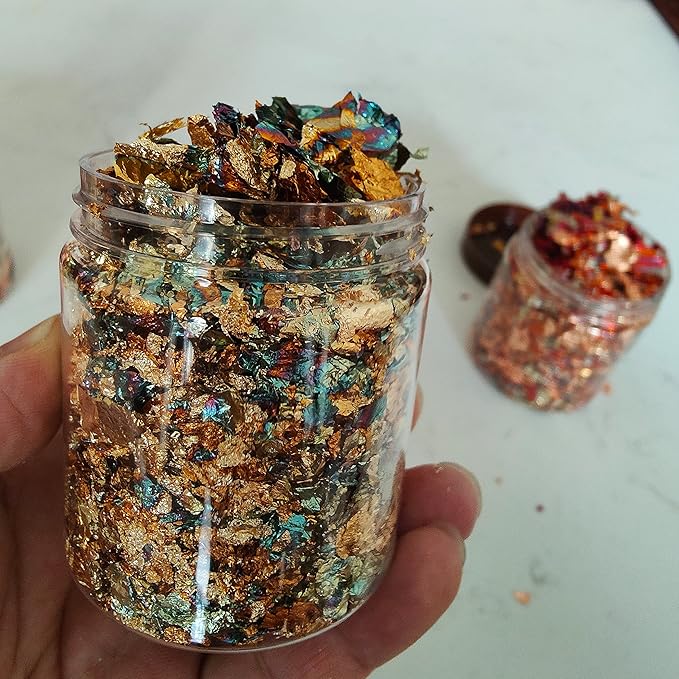 JINRUISI Gilding Flakes Variegated Gold Foils Leaf Flakes Gilding Craft Paper Decoration Art Supplies (Gold Green and Autumn Leaves)