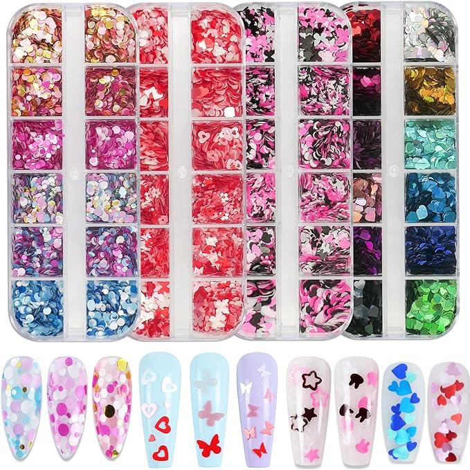 AddFavor 4 Boxes Valentine Nail Glitter Mixed Shaped Pink Purple White Heart Flower Colorful Round Sequins Lash Decals for Art Decoration/False Eyelash Decor