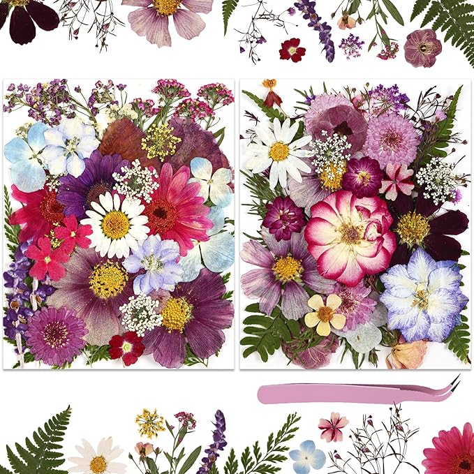 Eshow 70Pcs Dried Pressed Flowers for Crafts, Natural Dry Flowers for Resin with Tweezer for Scrapbooking DIY Art Crafts, Epoxy Jewelry Molds, Candle, Soap Making