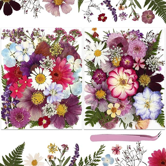 Eshow 70Pcs Dried Pressed Flowers for Crafts, Natural Dry Flowers for Resin with Tweezer for Scrapbooking DIY Art Crafts, Epoxy Jewelry Molds, Candle, Soap Making