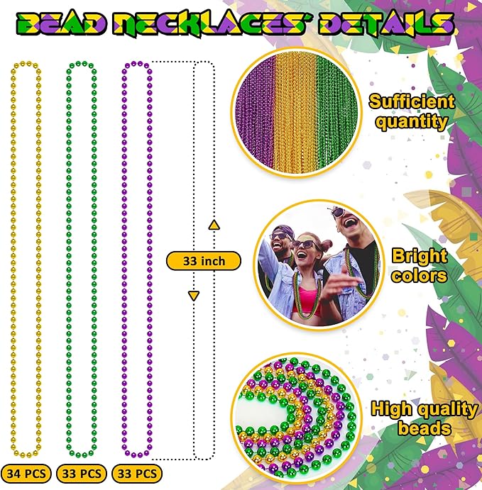 100PCS Mardi Gras Beads, Green Purple Gold Metallic Mardi Gras Beads Necklaces Accessories Bulk, Mardi Gras Carnival Beads Necklace Accessories for Parade Throws Party Decorations Supplies Favors