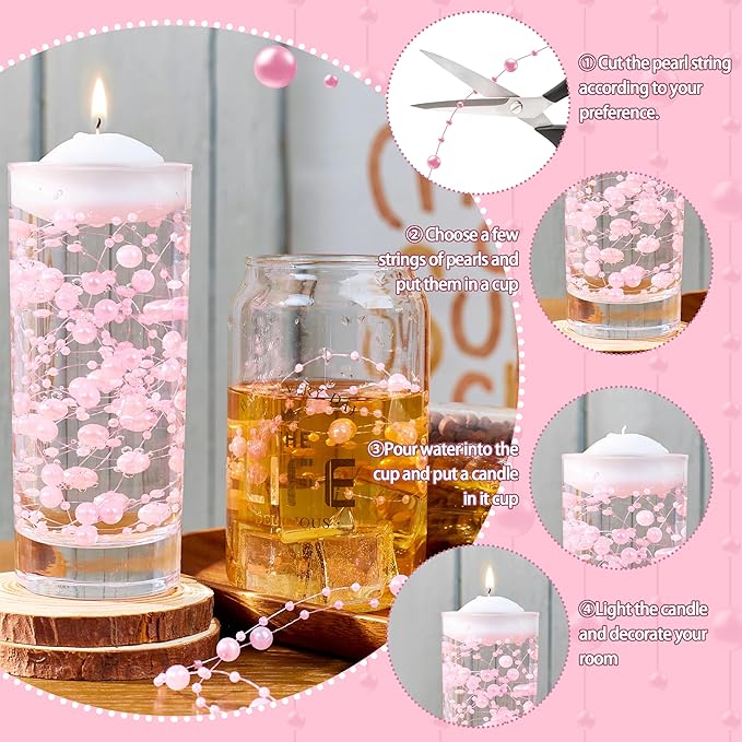 LAIDANLA 30 Pcs Pink Artificial Floating Pearls for Vases Faux Pearl Beads String for Garland Vase Filler Floating Candle Wedding Valentine's Day Birthday Party Table Centerpiece Vases Decor