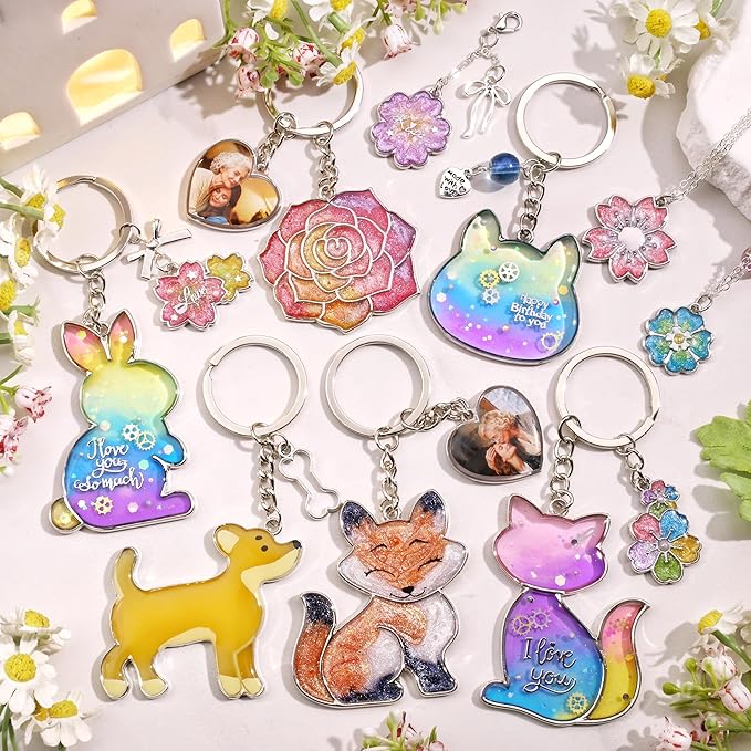 LET'S RESIN Keychain Molds 37Pcs, Silver UV Resin Molds for Beginners, Open Bezel Flower & Animal Molds for Keychain, Jewelry & Pendant Making